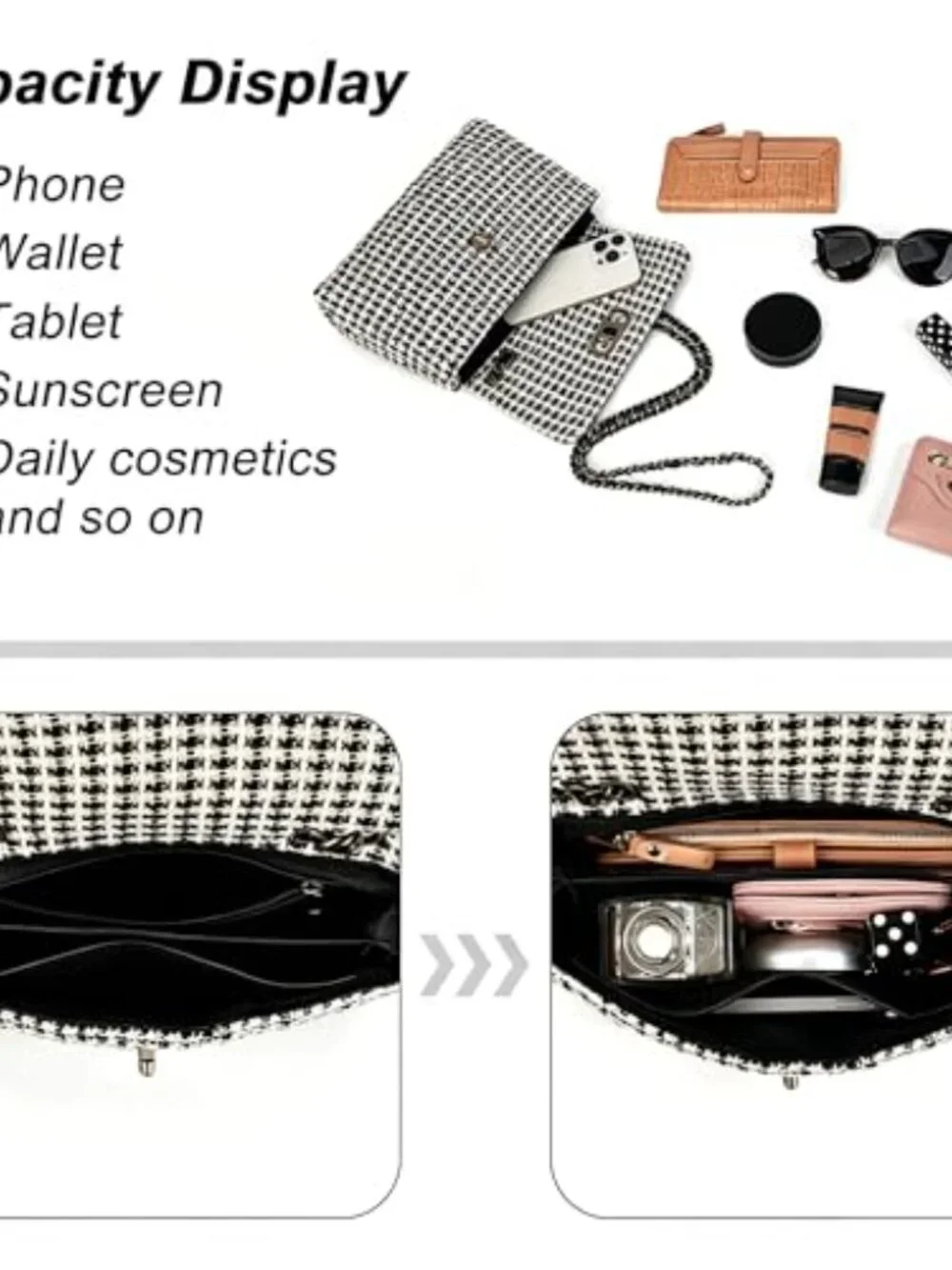 Tweed Quilted Crossbody Bag with Leather Chain, Evening Clutch for Weddings